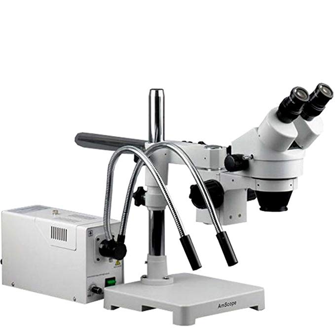AmScope SM-3B-FOD Professional Binocular Stereo Zoom Microscope, WH10x Eyepieces, 7X-45X Magnification, 0.7X-4.5X Zoom Objective, Dual-Gooseneck Fiber-Optic Light, Single-Arm Boom Stand, 110V-120V