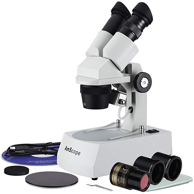 AmScope SE306-AZ-E2 Digital Binocular Stereo Microscope, WF10x and WF20x Eyepieces, 20X/40X/80X Magnification, 2X and 4X Objectives, Upper and Lower Halogen Lighting, Reversible Black/White Stage Plate, Arm Stand, 120V, Includes 2MP Camera and Software