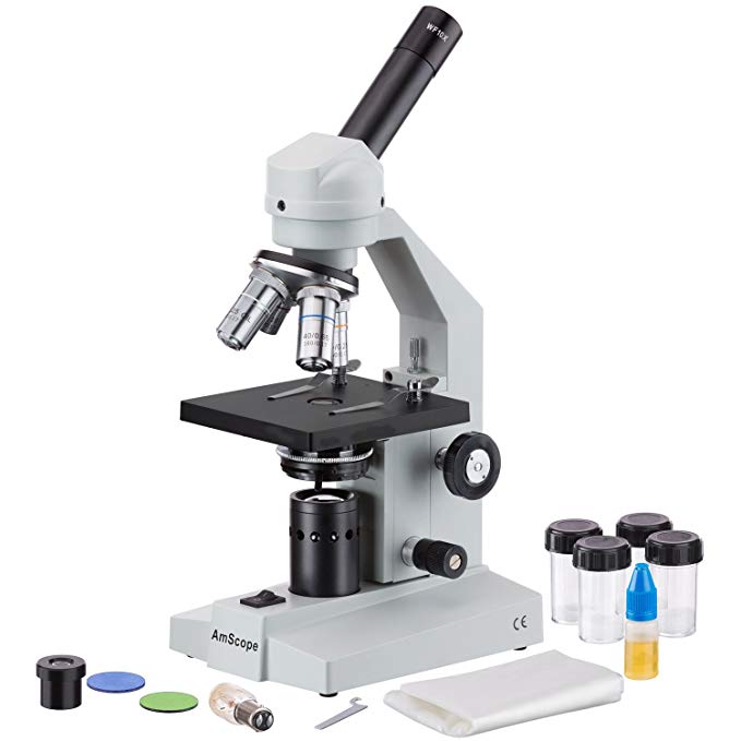 AmScope M500A Monocular Compound Microscope, WF10x and WF16x Eyepieces, 40x-1600x Magnification, Anti-Mold Optics, Tungsten Illumination, Brightfield and Polarizing, Abbe Condenser, Coarse and Fine Focus, Plain Stage, 110V