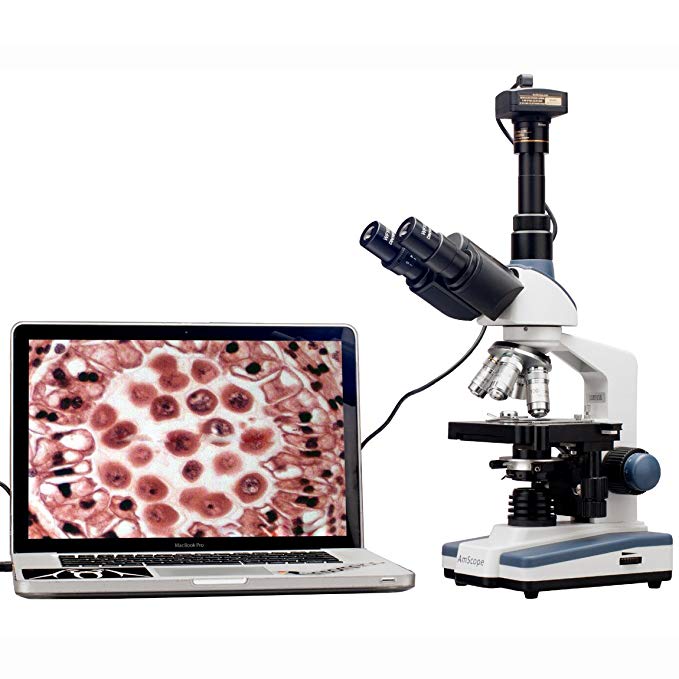 AmScope T120B-M Digital Professional Siedentopf Trinocular Compound Microscope, 40X-2000X Magnification, WF10x and WF20x Eyepieces, Brightfield, LED Illumination, Abbe Condenser with Iris Diaphragm, Double-Layer Mechanical Stage, 100-240VAC, Includes 1.3MP Camera with Reduction Lens and Software