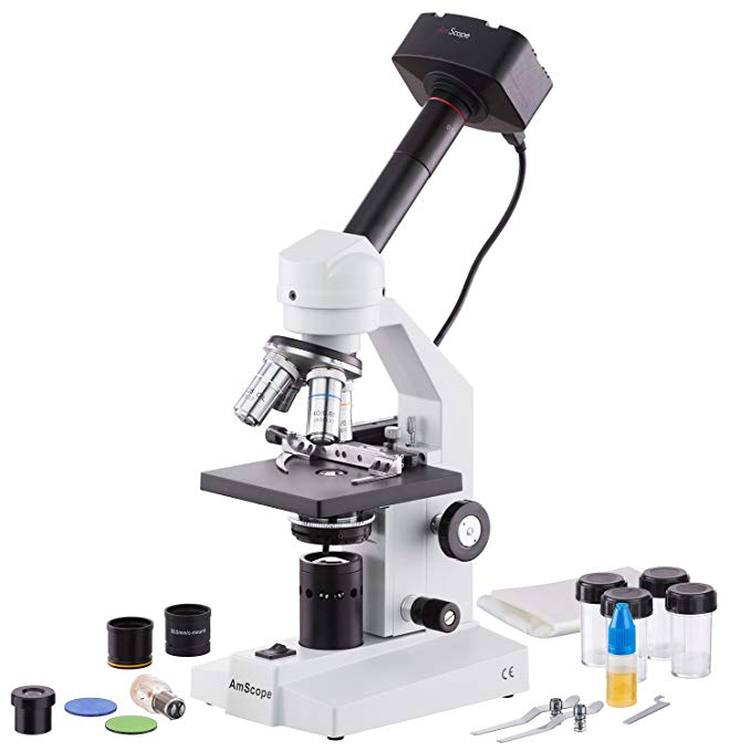 AmScope M500B-MS-MT Digital Monocular Compound Microscope, WF10x and WF20x Eyepieces, 40x-2000x Magnification, Anti-Mold Optics, Tungsten Illumination, Brightfield, Abbe Condenser, Coarse and Fine Focus, Plain Stage with Mechanical Specimen Holder, 110V, Includes 1.3MP Camera with Reduction Lens and Software