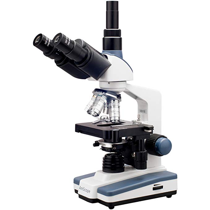 AmScope T120B Professional Siedentopf Trinocular Compound Microscope, 40X-2000X Magnification, WF10x and WF20x Eyepieces, Brightfield, LED Illumination, Abbe Condenser with Iris Diaphragm, Double-Layer Mechanical Stage, 100-240VAC