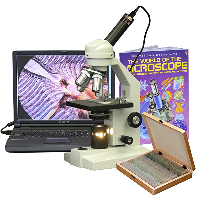AmScope M500C-PS100-WM-E Digital Monocular Compound Microscope, WF10x and WF25x Eyepieces, 40x-2500x Magnification, Anti-Mold Optics, Tungsten Illumination, Brightfield, Abbe Condenser, Coarse and Fine Focus, Plain Stage, 110V, Includes 0.3MP Camera and Software, Set of 100 Prepared Slides, and Book