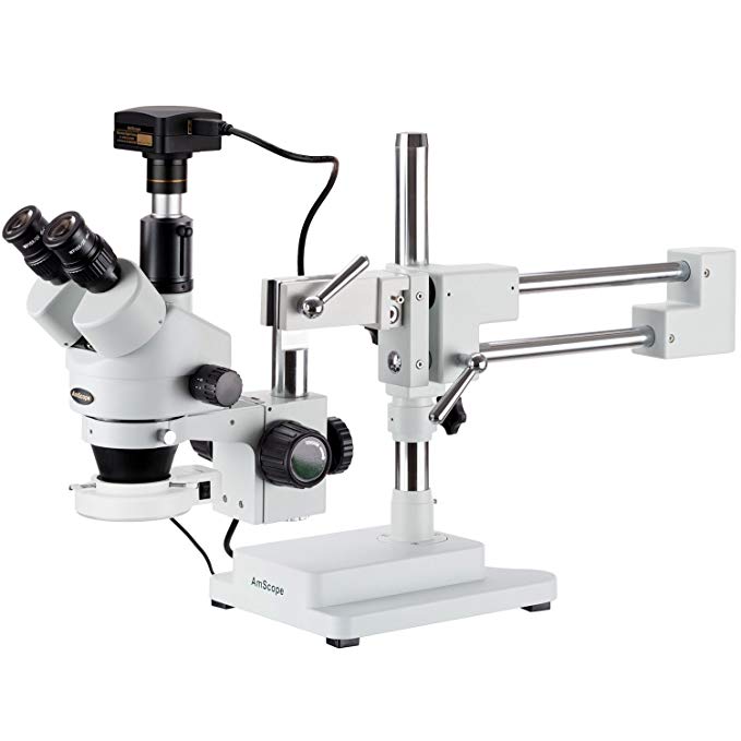 AmScope SM-4TZ-64S-3M Digital Professional Trinocular Stereo Zoom Microscope, WH10x Eyepieces, 3.5X-90X Magnification, 0.7X-4.5X Zoom Objective, 64-Bulb LED Ring Light, Double-Arm Boom Stand, 110V-240V, Includes 0.5X and 2.0X Barlow Lenses and 3MP Camera with Reduction Lens and Software