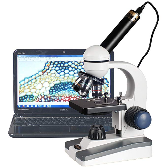 AmScope M150C-E-A 40X-1000X LED Cordless All-Metal Framework Full-Glass Optical Lens Student Compound Microscope with Coarse & Fine Focusing + Digital Camera USB Imager