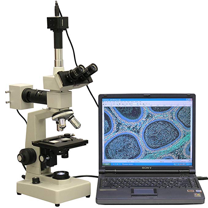 AmScope ME300TZB-2L-M Digital Episcopic and Diascopic Trinocular Metallurgical Microscope, WF10x and WF20x Eyepieces, 40X-2000X Magnification, Halogen Illumination with Rheostat, Double-Layer Mechanical Stage, Sliding Head, High-Resolution Optics, Includes 1.3MP Camera with Reduction Lens and Software