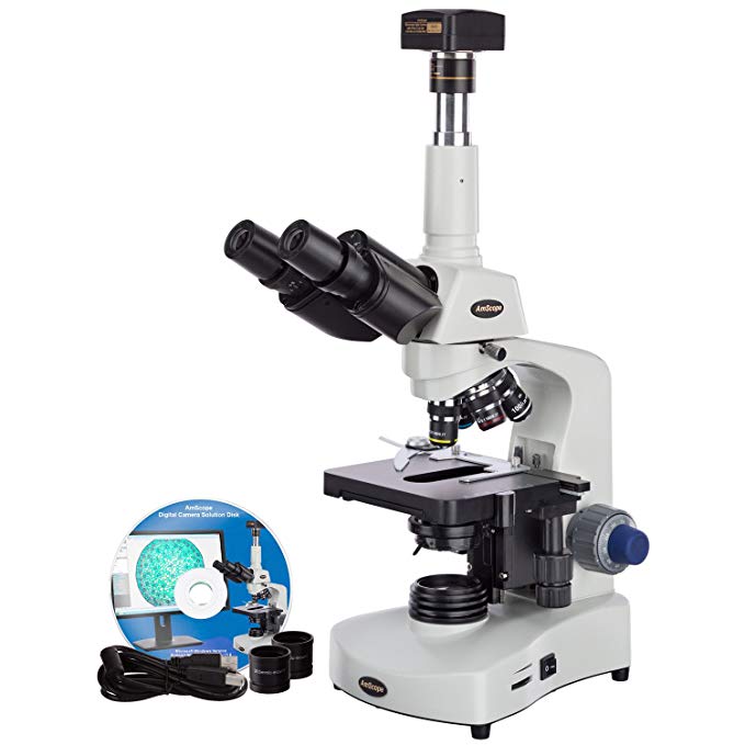 AmScope T340B-LED-10M Digital Siedentopf Trinocular Compound Microscope, 40X-2000X Magnification, Brightfield, WF10x and WF20x Eyepieces, LED Illumination, Abbe Condenser, Double-Layer Mechanical Stage, Includes 10MP Camera with Reduction Lens and Software