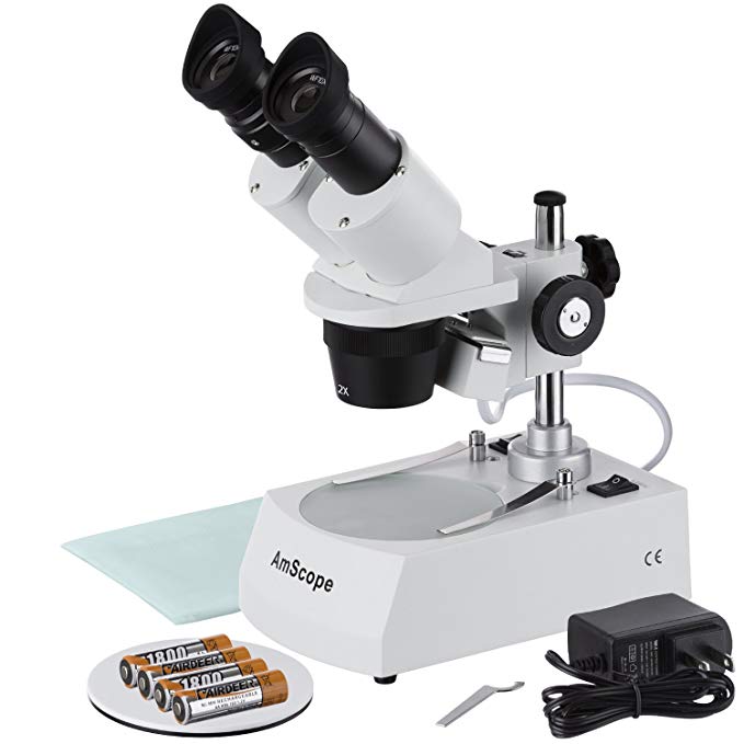 AmScope SE306R-P-LED Forward-Mounted Binocular Stereo Microscope, WF10x Eyepieces, 20X and 40X Magnification, 2X and 4X Objectives, Upper and Lower LED Lighting, Reversible Black/White Stage Plate, Pillar Stand, 120V or Battery-Powered
