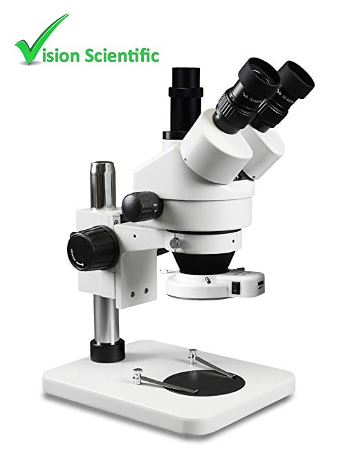 Vision Scientific VS-1F-IFR07 Trinocular Zoom Stereo Microscope, Paired 10x Widefield Eyepiece, 0.7X—4.5X Zoom Range, 7X—45x Magnification Range, Pillar Stand, Fluorescent Ring Light